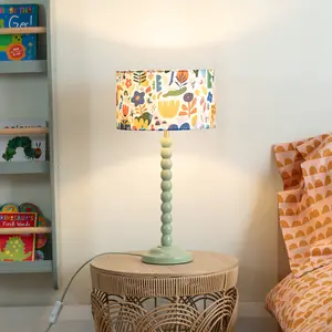 Sage Green Bobbin Stem Table Lamp with Jungle Drum Shade for Living Room Bedroom - LED Bulb Included