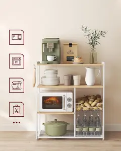 VASAGLE Baker's Rack, Kitchen Island with 2 Metal Mesh Baskets, Shelves and Hooks, Industrial Style, Oak Beige and White