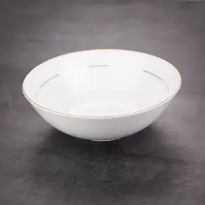 Set of 4 Durable White Ceramic Dinner Bowls with Dual Shiny Gold Plated Rims