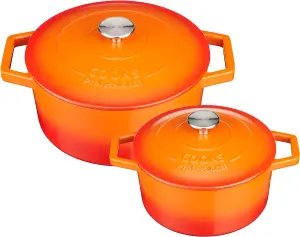 Cast Iron Casserole Set of 2 20cm & 26cm / 2.8L & 5.8L Dishes Oven Proof Enamelled Cast Iron Pans with Lids