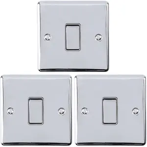 3 PACK 1 Gang Single Metal Light Switch POLISHED CHROME 2 Way 10A GREY Trim