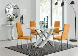 Furniturebox UK Mayfair 4 White High Gloss And Stainless Steel Dining Table And 4 Mustard Milan Chairs Set