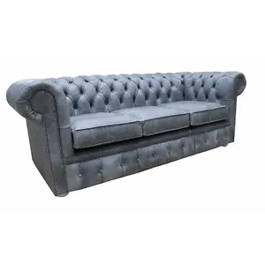 Chesterfield Original 3 Seater Settee Cracked Wax Ash Grey Real Leather Sofa