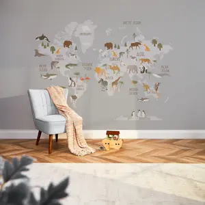 Scandi Safari Map Mural In Grey (300cm x 240cm)