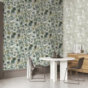 Galerie Julie Feels Home Green Large Paeonia Shimmery Flowers Wallpaper Roll