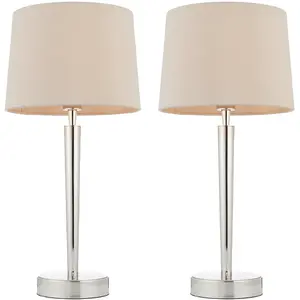 2 PACK Modern Table Lamp & USB Charger Nickel & Mink Shade Metal Bedside Light