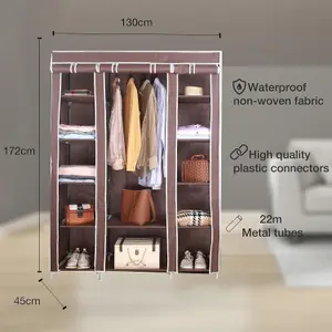 Fabric Canvas Wardrobe Organizers Clothes Rail Shelves Storage Closet Triple - Brown