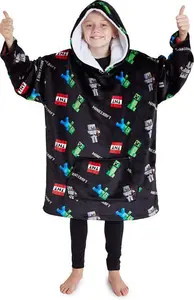 Minecraft Boys Oversized Fleece Hoodie For Kids Teenagers, Fluffy Poncho Cosy Loungewear - Gifts For Gamers