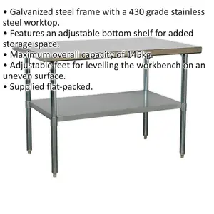 Durable 1.2m Stainless Steel Workbench with Adjustable Storage Shelf for Kitchen Use