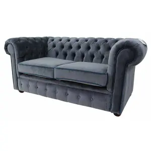 Chesterfield 2 Seater Sofa Malta Grey Blue Piping Velvet Fabric In Classic Style