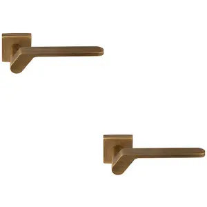 2 PACK - Premium Modern Slim Door Handle Set - Antique Brass Angled Lever on Square Rose