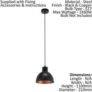 Hanging Ceiling Pendant Light Black & Copper Industrial Shade 1 x 60W E27 Bulb