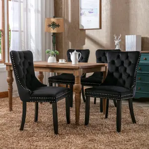 Pair of Lux Black Velvet Kitchen Dining Chairs with Pull Knocker Wing Back Bedroom Office Chairs