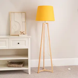 ValueLights Lottie Natural Wood Tripod Floor Lamp with Mustard Tapered Shade - LED Bulb Included