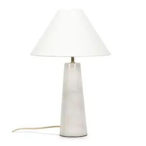 ValueLights Margot White Marble Bedside Table Lamp with a Linen Tapered Lampshade