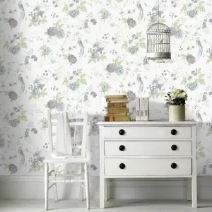 Julien MacDonald Exotica Duck egg & lilac Glitter effect Floral & birds Textured Wallpaper Sample