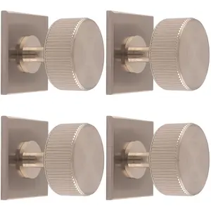 4 PACK - Reeded Radio Cabinet Door Knob & Matching Backplate Lined Satin Nickel 40 x 40mm