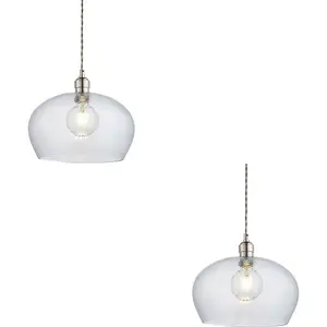 2 PACK Hanging Ceiling Pendant Light - Bright Nickel Plate & Clear Hammered Dome Glass - 10W LED E27