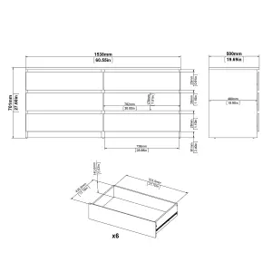 Naia Wide Chest of 6 Drawers (3+3) in White High Gloss