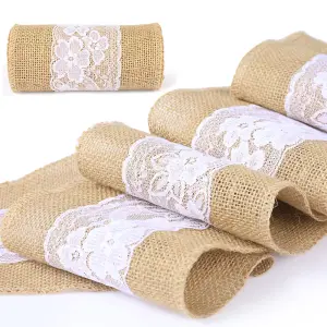 Neel Blue Hessian Table Runner with Lace, Natural Jute Fabric Runner - 11x108 Inch