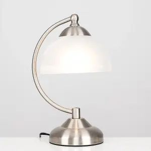 ValueLights Stamford Pair of Curved Brushed Chrome and Frosted Glass Bedside Table Lamps