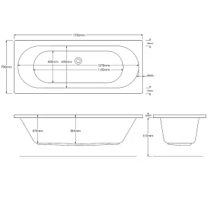 SunDaze 1700 x 700mm Gloss White Acrylic Rectangular Straight Bath Double Ended