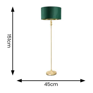 ValueLights Maggie Gold Candlestick Floor Lamp with Forest Green Velvet with Gold Inner Lamp Shade and LED Bulb