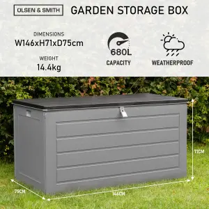 Outdoor Garden Storage Box Plastic Shed - Weatherproof & Sit On with Wood Effect Chest (680L, Anthracite)