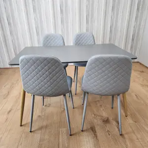 Dining Table Set of 4 Wooden Grey Table with 4 Grey Gem Patterend Chairs