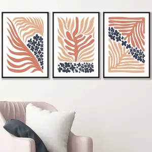 Set of 3 Framed Framed Blue and Pink Boho Abstract Floral / 42x59cm (A2) / Black