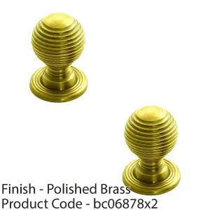 2 PACK - Reeded Ball Door Knob - 35mm Polished Brass Lined Cupboard Pull Handle & Rose