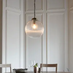 Bateson 1 - Light Globe Pendant Antique Brass/Clear Ribbed Glass / 100cm H x 35cm W x 35cm D