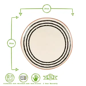 Nicola Spring - Stripe Rim Stoneware Dinner Plates - 26cm - Monochrome - Pack of 4