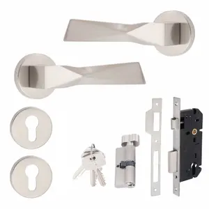 1 Set Aura Design Euro Lock Door Handle Set Thumbturn Key Satin Nickel Finish