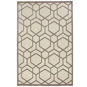 Ivory Light Grey Chequered Geometric Easy to Clean Modern Dining Room Bedroom and Living Room Rug-120cm X 180cm