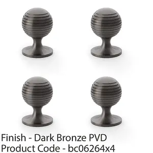 4 PACK - Reeded Ball Door Knob - 38mm Diameter Dark Bronze Lined Cupboard Pull Handle