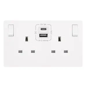 White Metal Screwless Plate 2 Gang 13A DP   Type A & C USB Twin Double Switched Plug Socket - White Trim - SE Home