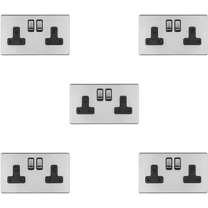 5 PACK 2 Gang DP 13A Switched UK Plug Socket SCREWLESS SATIN STEEL Wall Power