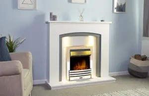 Adam Savanna Fireplace in Pure White & Grey with Downlights & Eclipse Electric Fire in Chrome, 48 Inch