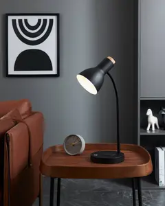 EGLO Veradal-QI Steel/Natural Wood Touch Dimmer, QI Charging LED Table Lamp