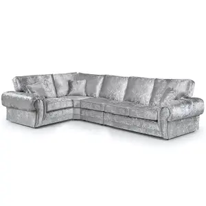 Chelsea Silver Crushed Velvet Long 5 Seater Large Corner Sofa 1 Corner 3 Rolled Arms