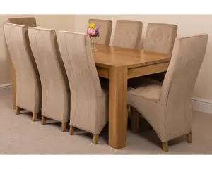 Kuba 180 x 90 cm Chunky Oak Dining Table and 8 Chairs Dining Set with Lola Beige Fabric Chairs