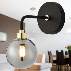 First Choice Lighting Matt Black and Smoked Glass Wall Light