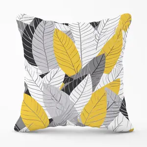 Yellow Grey Feather Leaves Cushions 45cm x 45cm