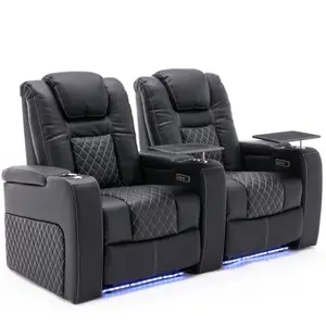 Broadway 2 Seater Electric Recliner Cinema Sofa USB Charging Led Base With Tray (Black w White Stitching)