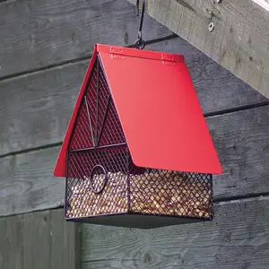 House Style Bird Feeder - Red & Black Weatherproof Mesh Design Outdoor Garden Seed or Peanut Feeding Station - H22 x W17 x D13.5cm