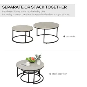 HOMCOM 2 Pcs Stacking Coffee Table Set Steel Frame, Marble Grey