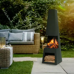 Elegant 45x150cm Black Steel Chiminea Wood Burner with Firewood Storage for Outdoor Heating