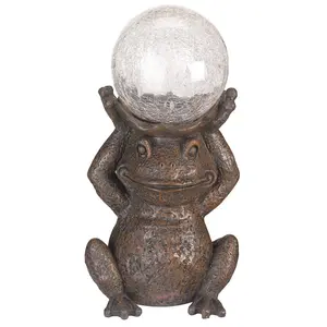 Solar Powered LED Frog Garden Ornament - Hand Painted Polyresin Sculpture with Light Up Crackle Glass Ball - H38 x W21 x D15cm