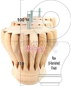 SET OF 4 REPLACEMENT FURNITURE BUN FEET RAW UNFINISHED TURNED WOODEN LEGS 110mm HIGH M8 (8mm)